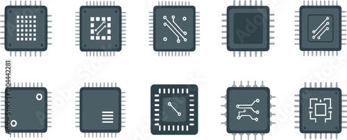 Computer Microchip Vector Icon Set with Integrated Circuit Symbols for Processor, Hardware, Semiconductor, and Digital Technology Concepts
