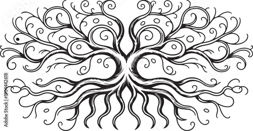 Stylized Black Tree of Life with Roots and Swirls - Symbolic Organic Design Element