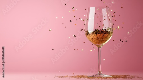 A wine glass filled with sparkling confetti captures the spirit of celebration and joy, making it ideal for festive occasions, parties, and memorable moments.