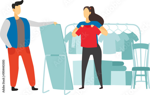 Woman trying on red t shirt shopping for clothes