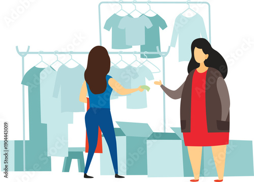 Woman buying clothes, shopping second hand fashion