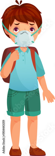 Boy wearing respiratory mask feeling sad going to school