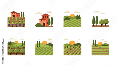 Collection of Italian countryside landscapes with vineyards, olive groves, and farmhouses