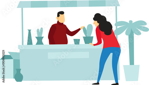 Man selling a potted plant to a woman at a market stall