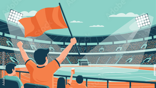 Excited sports fans cheer with a flag at a brightly lit stadium during a thrilling match