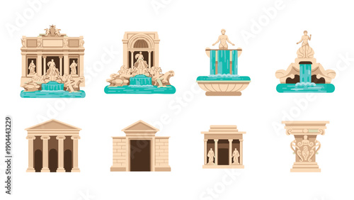 Collection of ancient Roman architectural elements and fountains with statues
