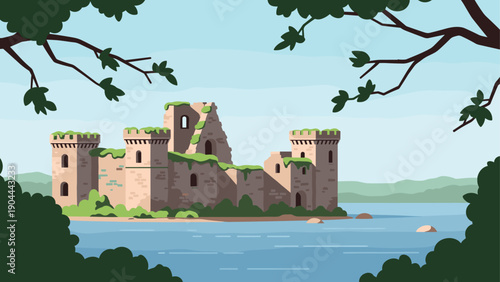 Ancient stone castle ruins stand majestically on a serene lake surrounded by lush greenery