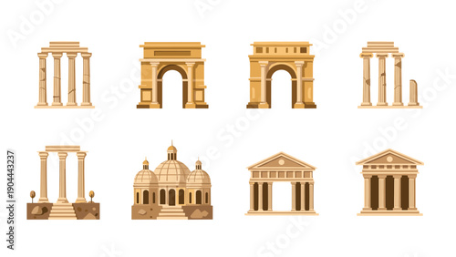 Collection of ancient architectural elements and buildings in a flat design style
