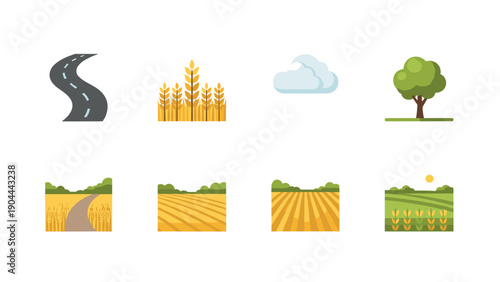 Collection of flat design icons representing rural landscapes and agriculture elements