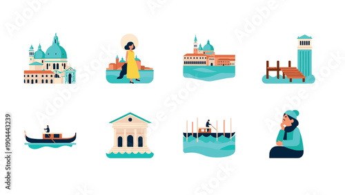 Collection of flat vector illustrations representing iconic Venetian landmarks and scenes