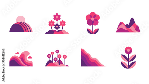 Abstract geometric nature elements with vibrant pink and purple color palette