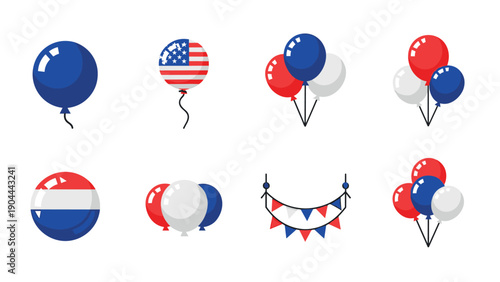Collection of patriotic balloons and bunting in red, white, and blue colors