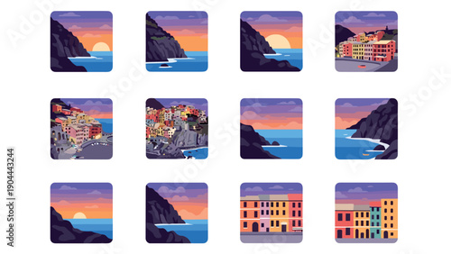Colorful Italian coastal villages at sunset with dramatic cliffs and serene sea views