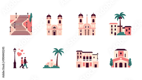 Collection of stylized European city landmarks and romantic couple walking