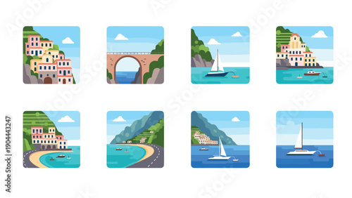 Italian coastal villages with boats and scenic views of the sea and mountains