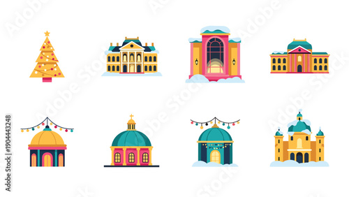 Collection of festive winter buildings and a decorated Christmas tree