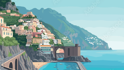 Colorful Italian coastal village nestled on a steep mountainside overlooking the azure sea