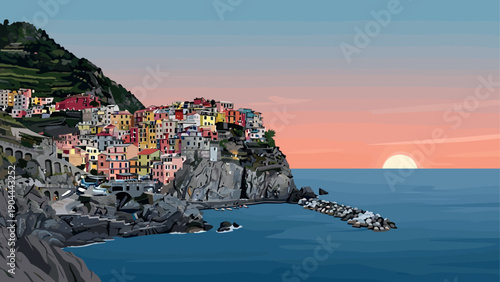 Colorful Italian coastal village nestled on cliffs overlooking the sea at sunset