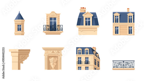 Collection of Parisian architectural elements and building facades with ornate details