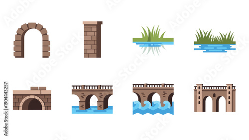 Collection of flat design architectural elements including bridges, arches, and grassy riverbanks