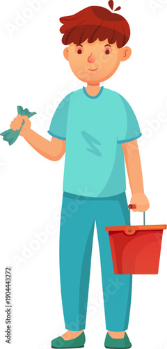 Young boy holding cleaning tools and bucket