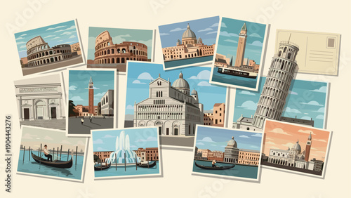 Collection of vintage postcards featuring iconic Italian landmarks and cityscapes