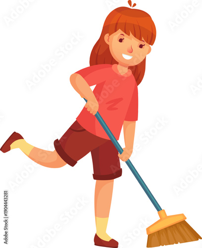 Child sweeping floor doing household chores