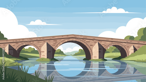 Scenic stone arch bridge crossing a calm river with lush green banks and blue sky