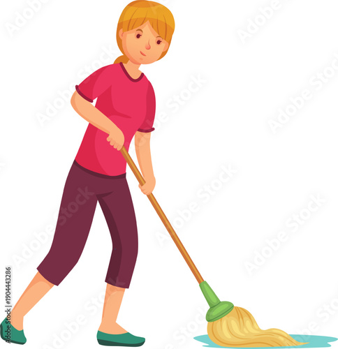 Woman mopping floor performing daily household cleaning chores
