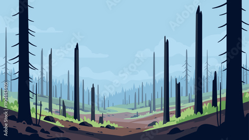 Desolate landscape of a burnt forest with stark silhouettes of dead trees against a hazy sky