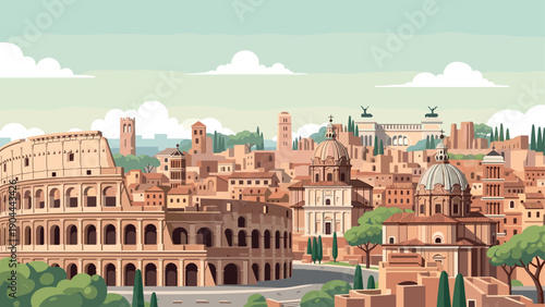 Stylized illustration of the ancient Roman cityscape featuring the Colosseum and other historic buildings