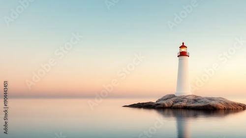 A picturesque lighthouse stands tall on a rock, surrounded by tranquil waters at dawn, capturing the beauty of nature amidst soft pastel colors of the sky.
