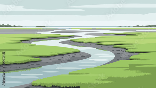 Stylized illustration of a winding river flowing through a vibrant green marshland under a cloudy sky