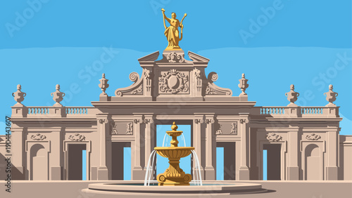 Grand Baroque architecture with golden fountain and statue under a clear blue sky