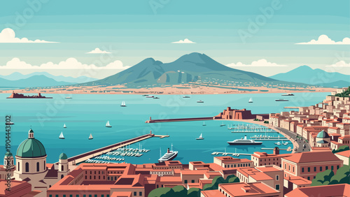 Naples cityscape with Mount Vesuvius and the bay, illustrated in a flat design style