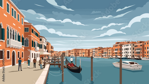 Vector illustration of Venice canal with gondola and buildings under a cloudy sky