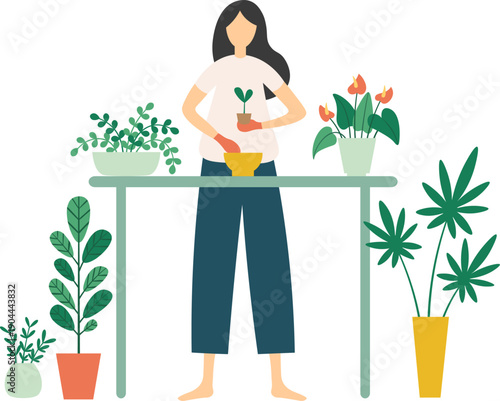 Woman repotting plant, cultivating home garden hobby