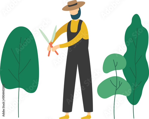 Gardener man trimming bush with pruning shears
