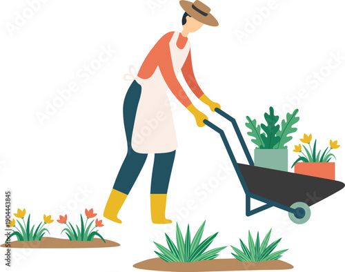 Gardener pushing wheelbarrow carrying potted plants working in garden