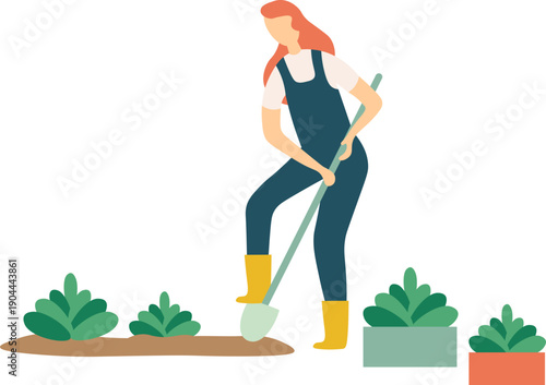 Woman gardener digging soil for planting in spring