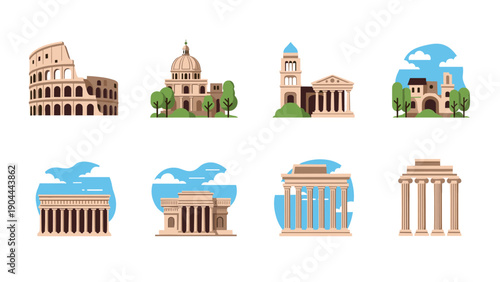 Collection of famous ancient architectural landmarks and buildings from around the world