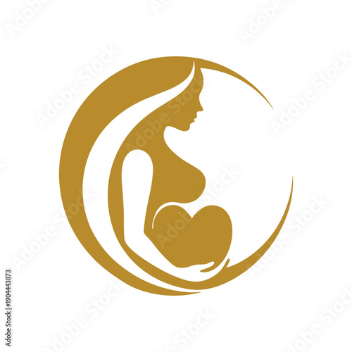Golden pregnant woman silhouette in a circular logo with heart