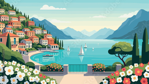 Charming Italian village nestled on a hillside overlooking a serene lake with sailboats