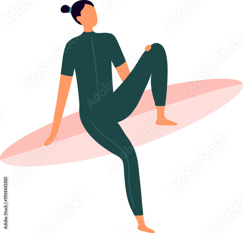 Woman surfer sitting on surfboard waiting for waves