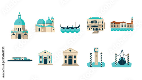 Collection of iconic Venetian landmarks and transportation in a flat design style