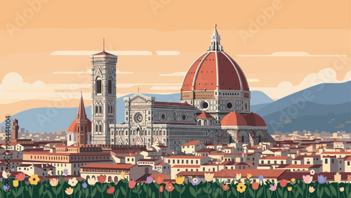 Florence cityscape illustration with iconic Duomo cathedral and colorful flowers in foreground
