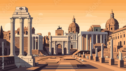 Ancient Roman Forum ruins with classical architecture and arches under a warm sky