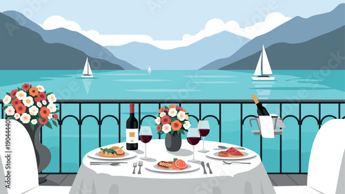 Romantic dinner on a balcony overlooking a serene lake with sailboats and mountains