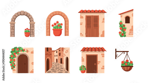Collection of charming Italian architectural elements with floral accents and rustic charm