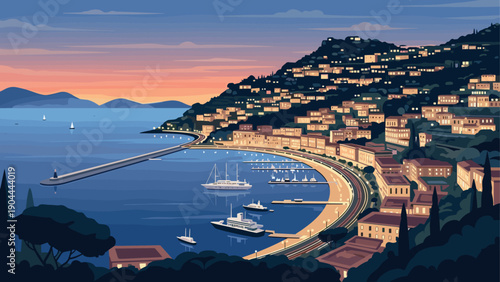 Beautiful coastal town illuminated at dusk with boats in the harbor and lights twinkling on the hillside